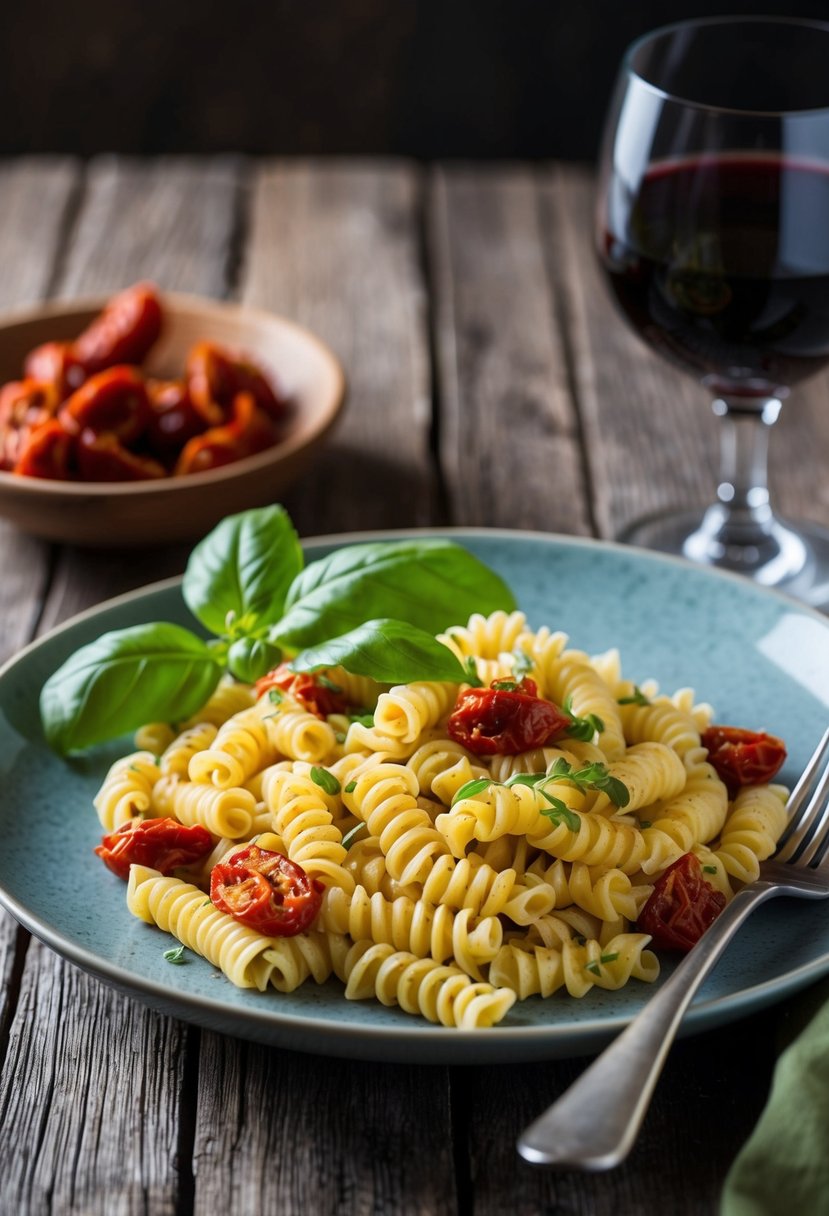 A steaming plate of corkscrew pasta with sun-dried tomatoes, garnished with fresh basil leaves, sits on a rustic wooden table next to a glass of red wine