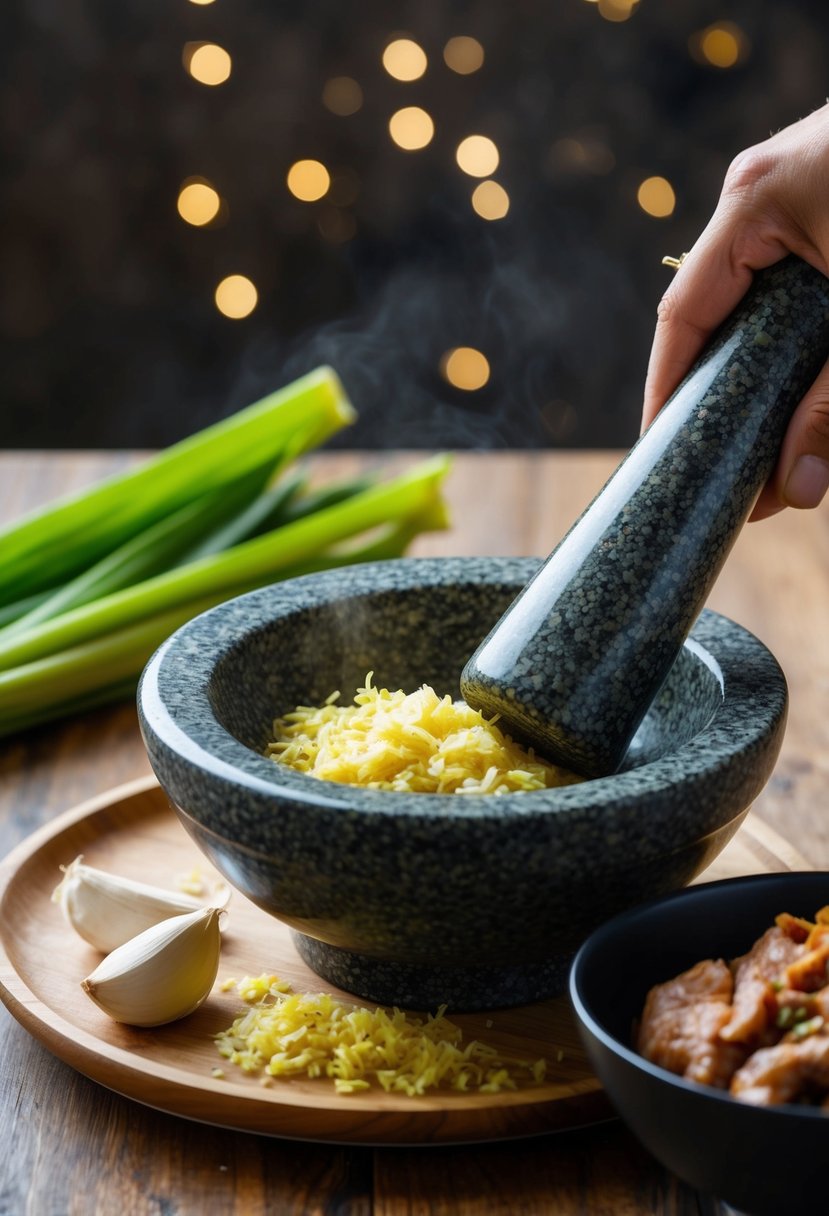 A mortar and pestle crushing lemongrass, ginger, and garlic into a fragrant paste. Nearby, a bowl of marinating meat awaits