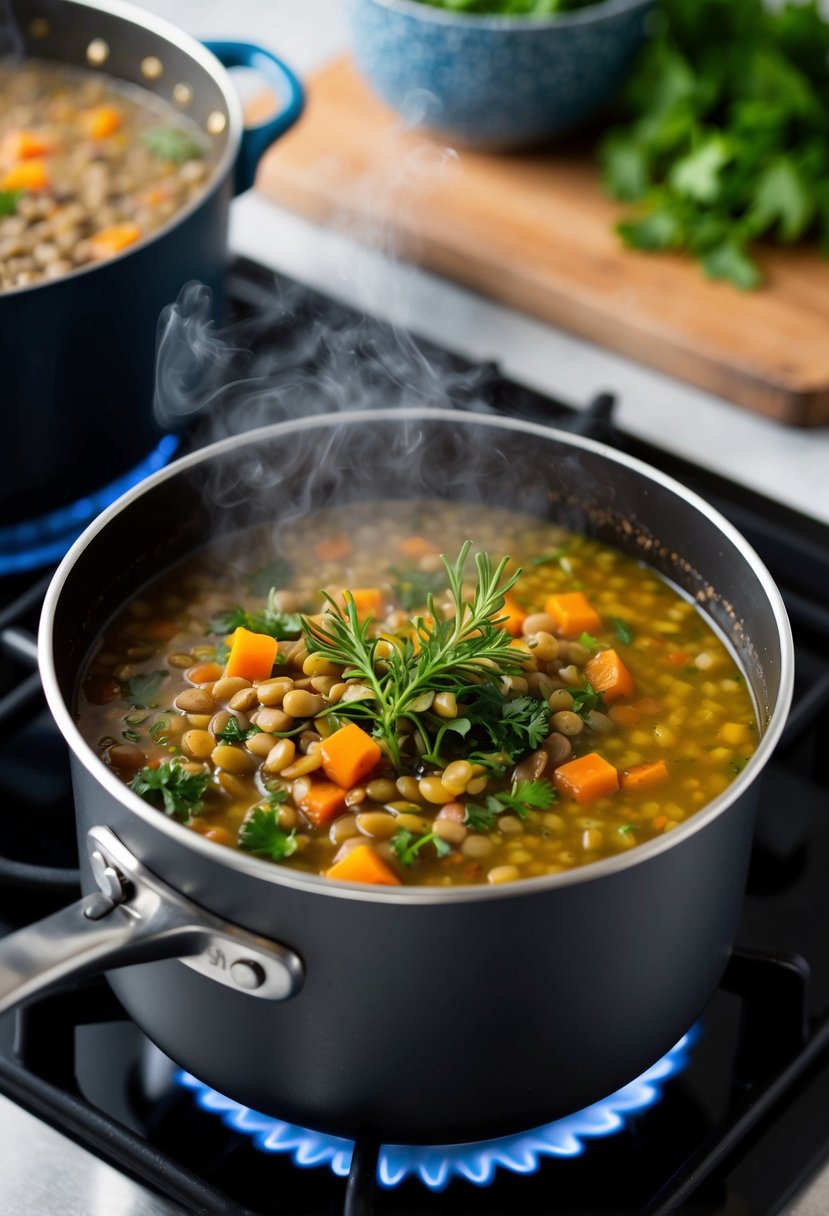 A steaming pot of Greek One-Pot Lentil Soup simmers on a stove, filled with lentils, vegetables, and fragrant herbs