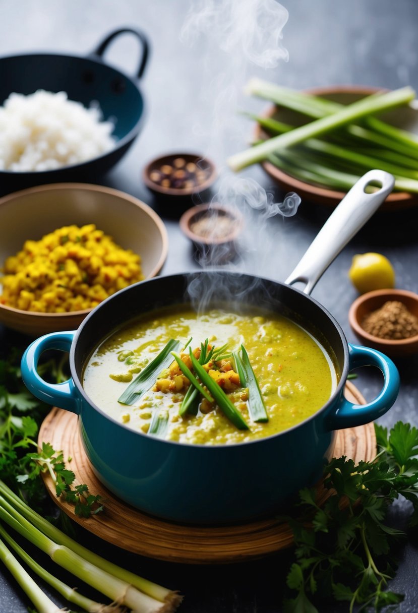 A steaming pot of Lemongrass Coconut Curry with vibrant lemongrass paste, surrounded by fresh herbs and spices