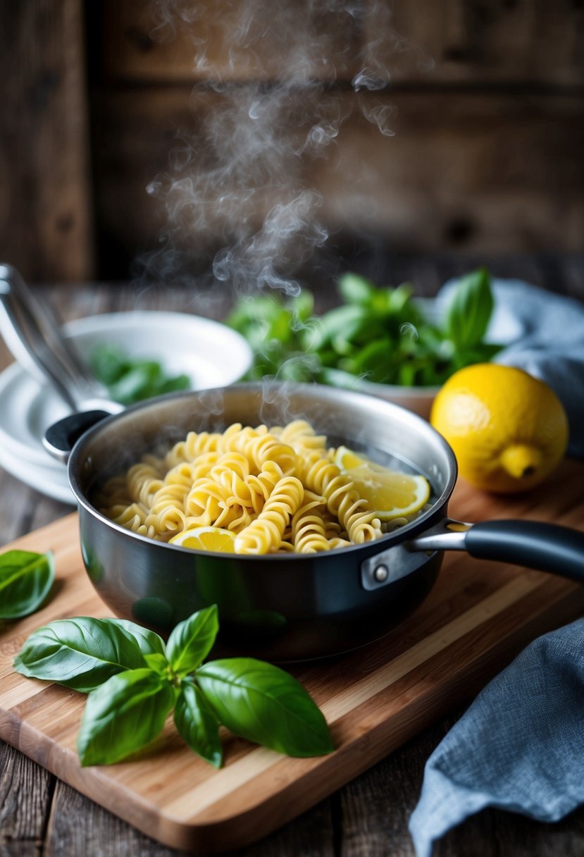 A rustic kitchen scene with a pot of boiling corkscrew pasta, fresh lemons, and basil on a wooden cutting board