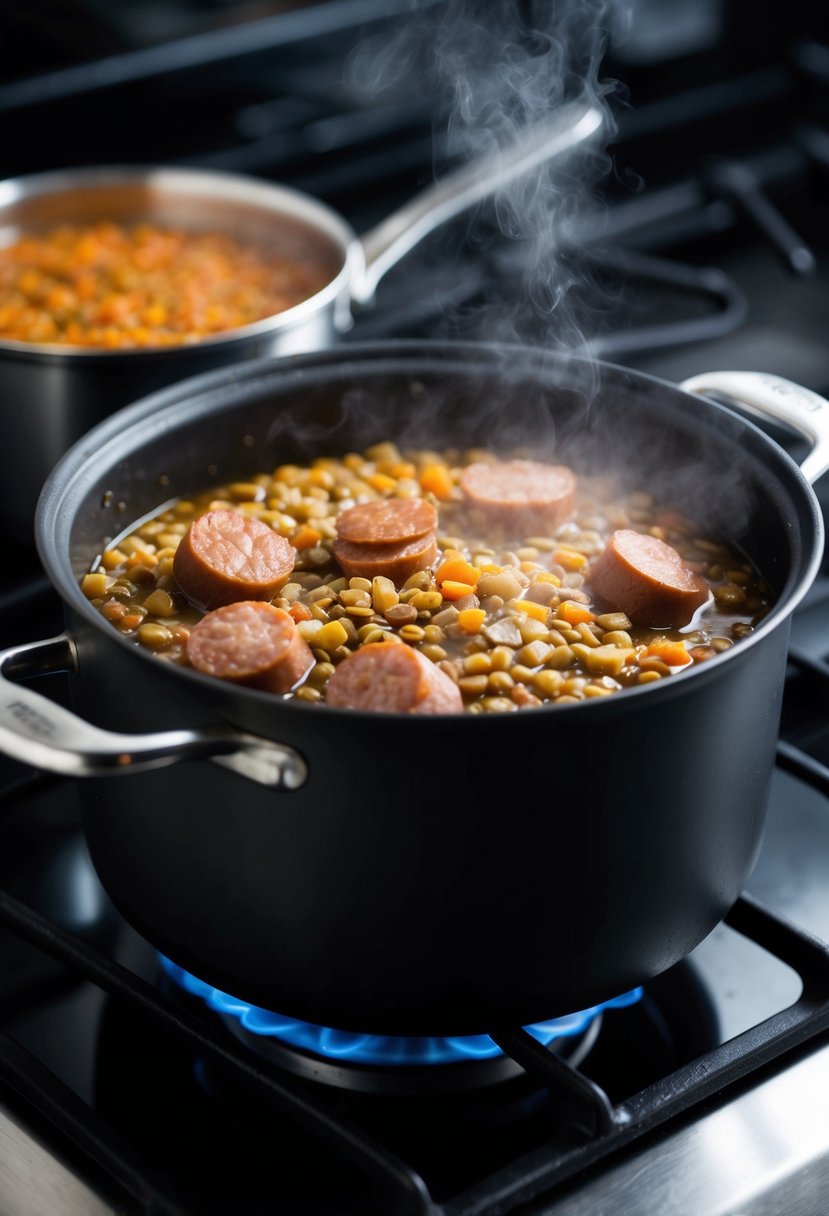 A steaming pot filled with lentils, sausage, and savory spices simmering on a stovetop