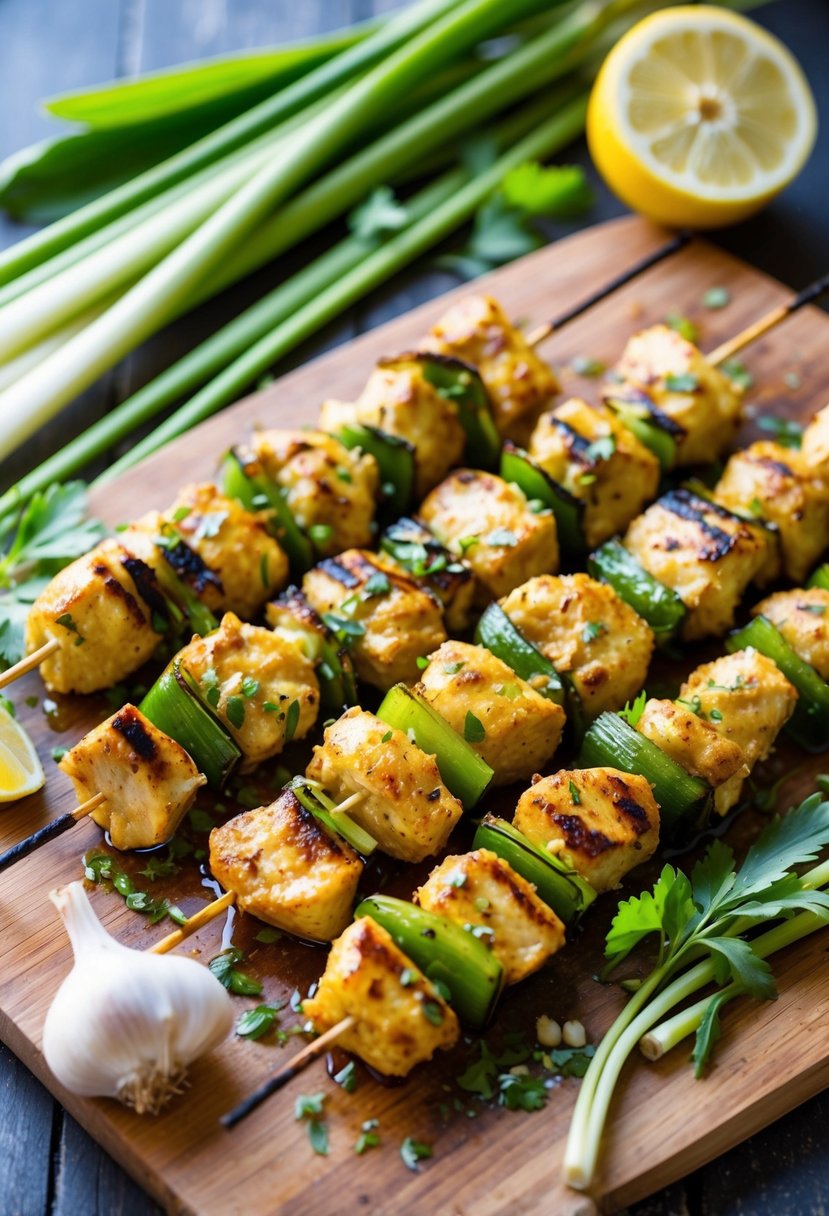 Grilled Lemongrass Chicken Skewers marinated in lemongrass paste, surrounded by fresh lemongrass, garlic, and herbs on a wooden cutting board