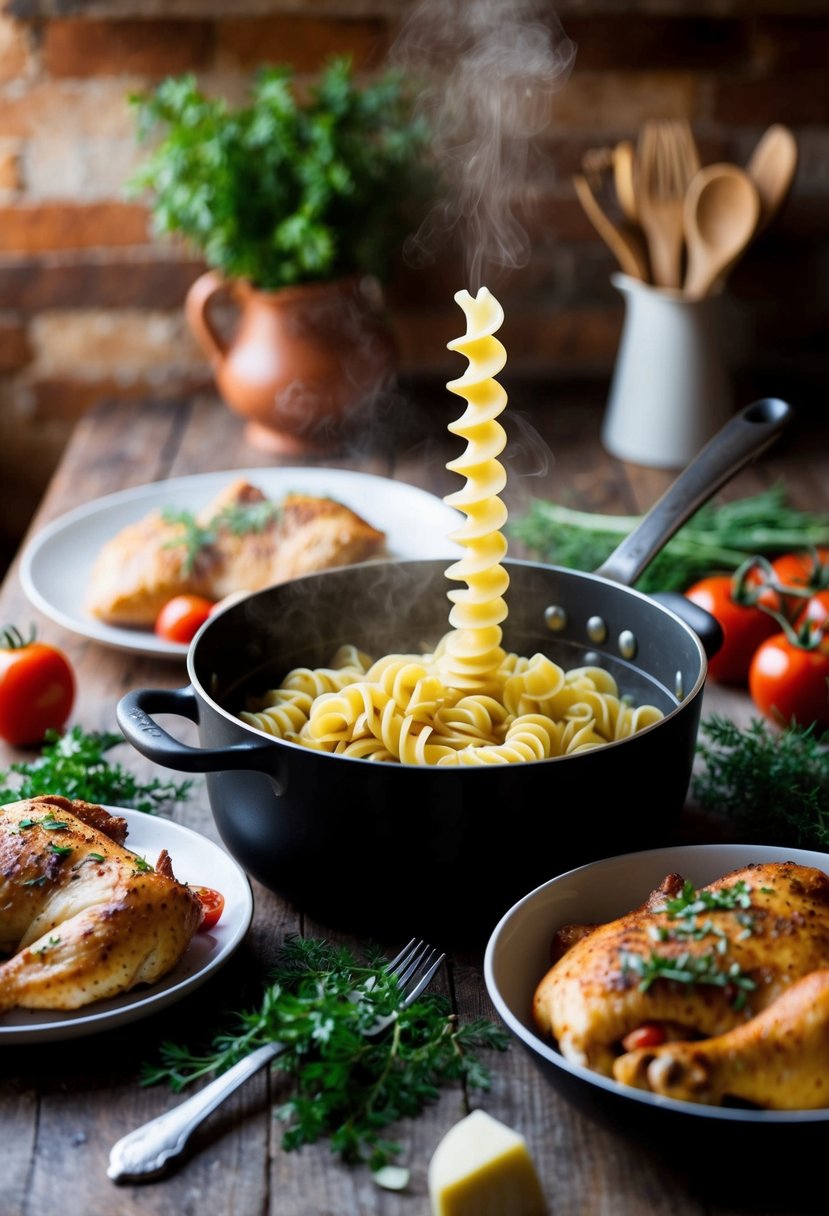 A rustic kitchen with a pot of boiling corkscrew pasta, surrounded by fresh Tuscan chicken, tomatoes, and herbs