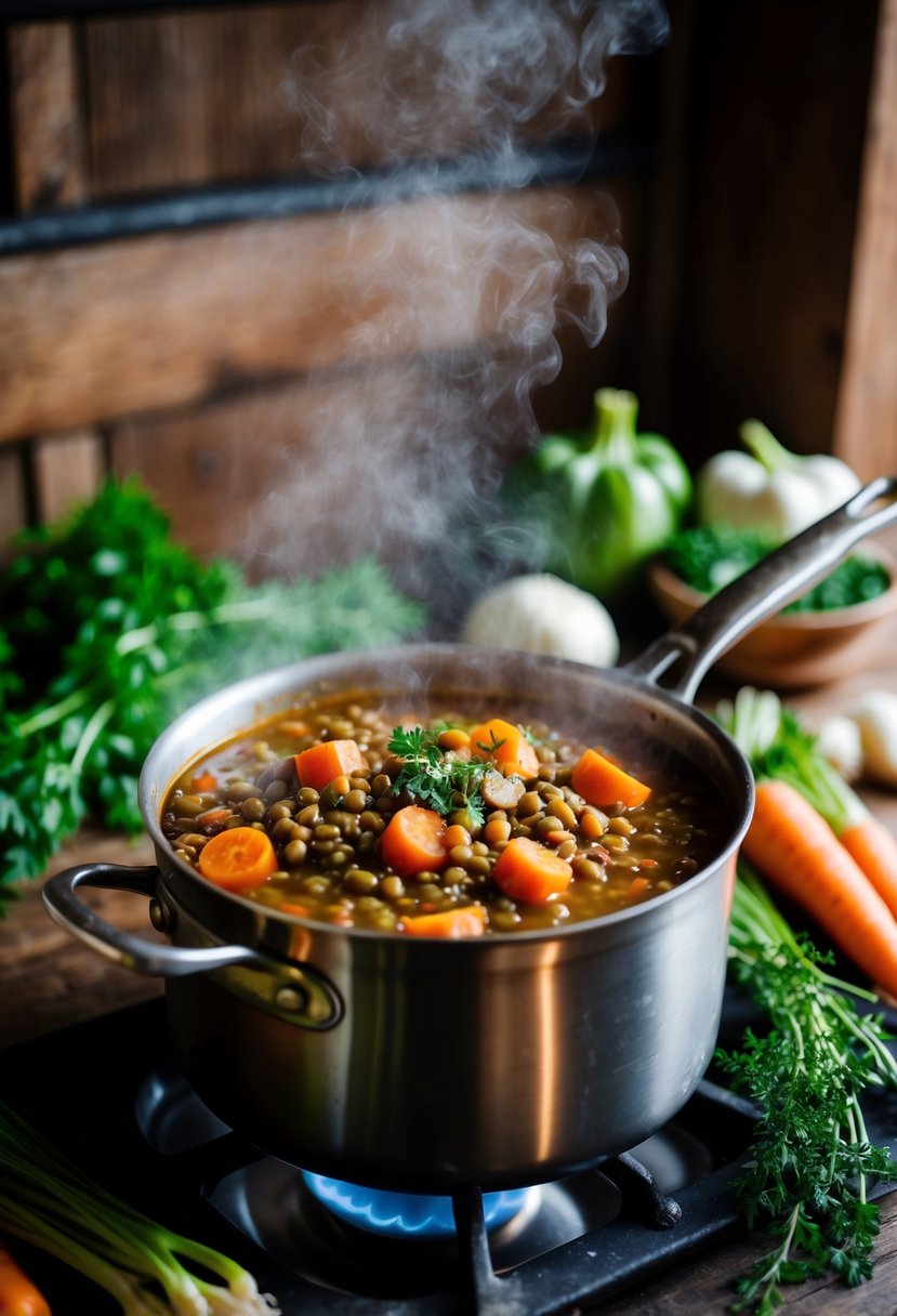 A steaming pot of Tuscan lentil and carrot stew simmers on a rustic wooden stove, surrounded by fresh vegetables and herbs