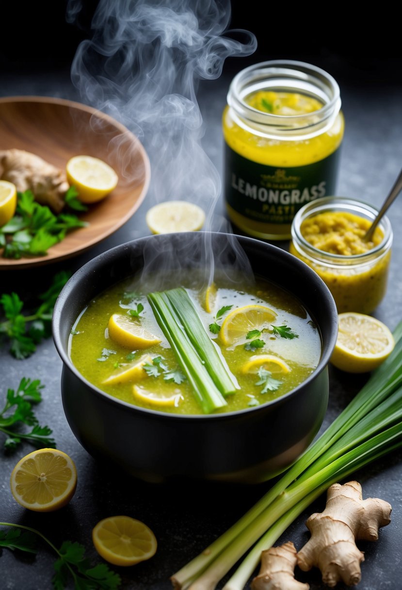 A steaming pot of Lemongrass and Ginger Soup surrounded by fresh ingredients and a jar of lemongrass paste