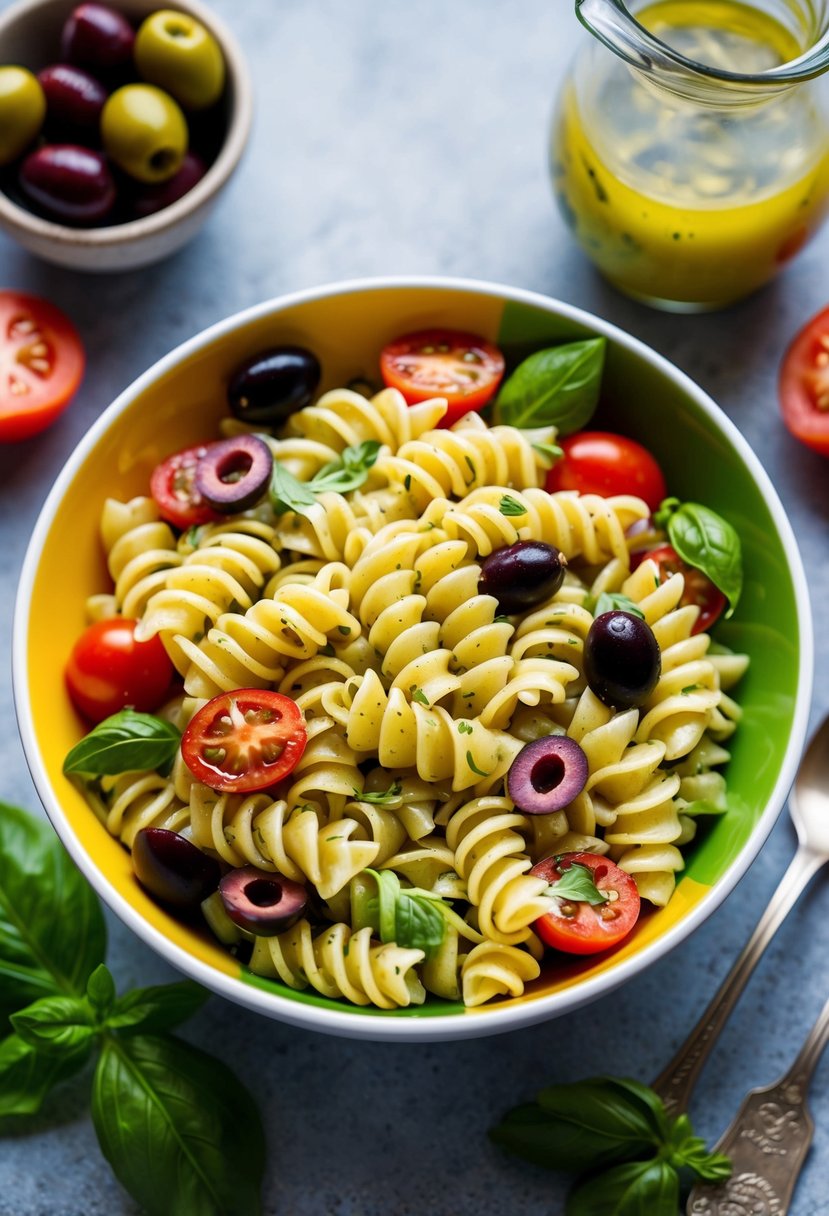 A colorful bowl of cold Italian corkscrew pasta salad surrounded by fresh ingredients like tomatoes, olives, and basil, with a light vinaigrette dressing