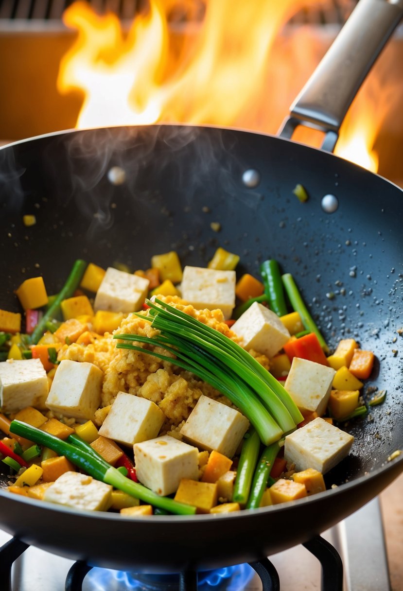 A sizzling wok with chunks of tofu, colorful vegetables, and lemongrass paste being stirred together over a hot flame