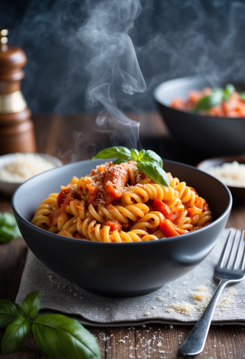 A steaming bowl of corkscrew pasta with roasted red pepper sauce, garnished with fresh basil and grated Parmesan cheese