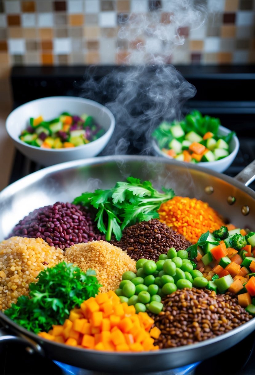 A colorful array of lentils, quinoa, and assorted vegetables sizzling in a large, steaming one-pan on a stovetop