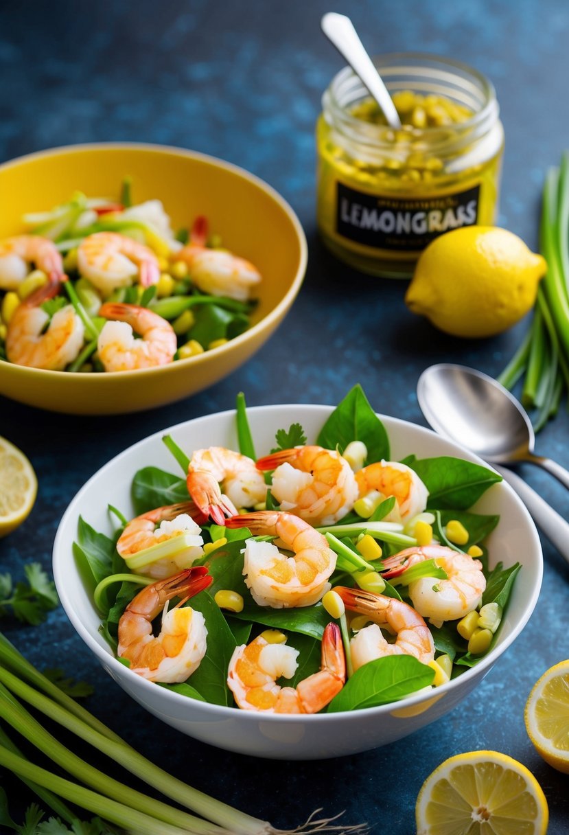 A bowl of vibrant Lemongrass Shrimp Salad surrounded by fresh ingredients and a jar of lemongrass paste