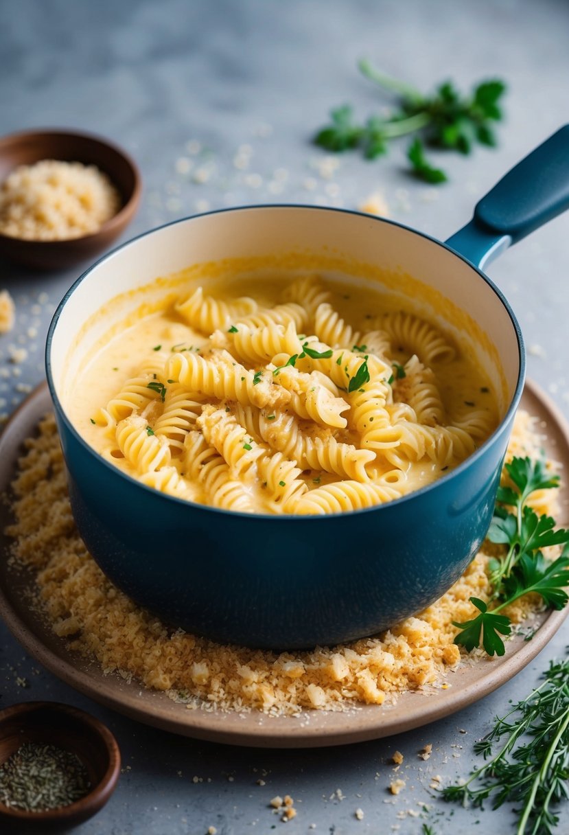 A bubbling pot of corkscrew pasta in a creamy cheese sauce, surrounded by scattered breadcrumbs and a sprinkle of fresh herbs