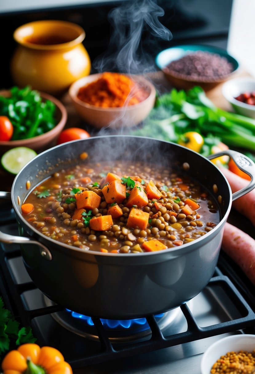 A steaming pot of Moroccan Lentil and Sweet Potato Stew simmering on a stove, surrounded by colorful spices and fresh vegetables