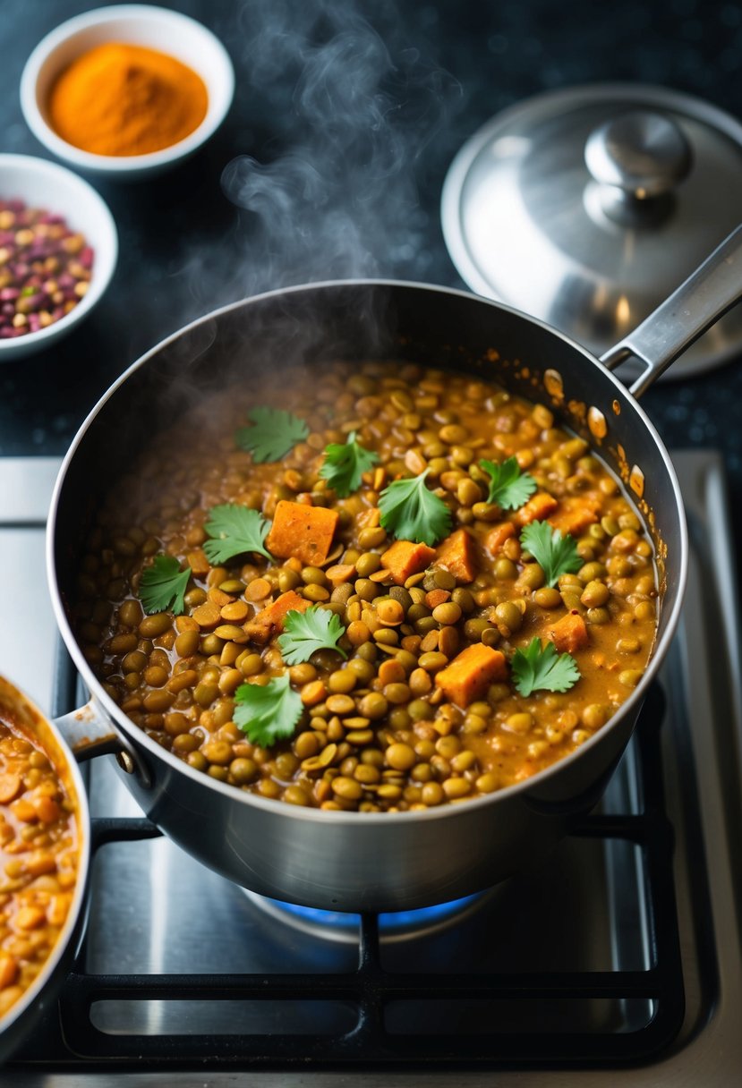 A steaming pot of Spicy Lentil Tikka Masala simmers on a stove, filled with colorful lentils and aromatic spices