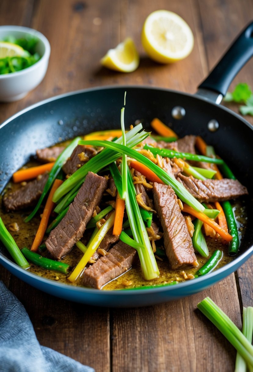 A sizzling skillet of Thai Lemongrass Beef stir-fry with vibrant lemongrass paste, colorful vegetables, and tender strips of beef