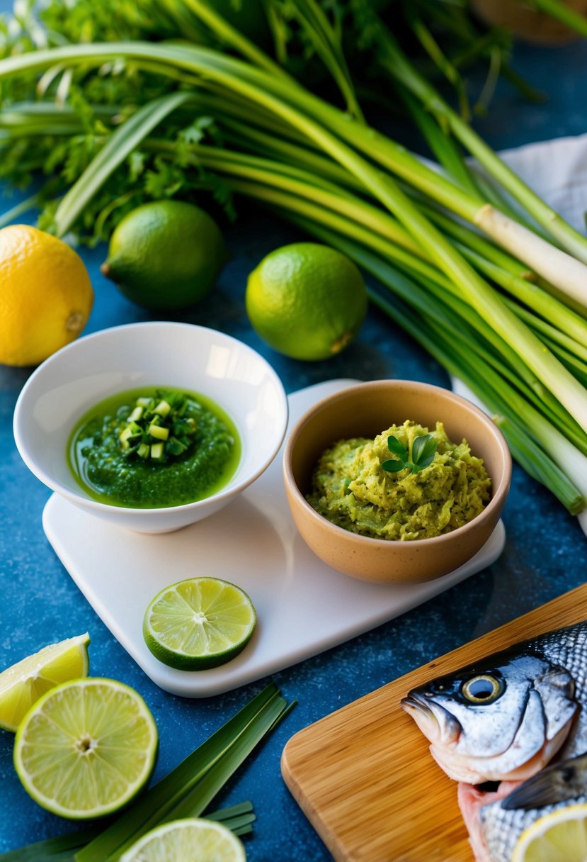 A vibrant kitchen scene with fresh lemongrass and limes, a cutting board, and a bowl of lemongrass paste next to a fillet of fish