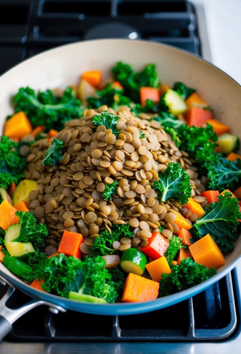 A colorful skillet filled with hearty lentils, vibrant kale, and assorted vegetables sizzling over a stovetop