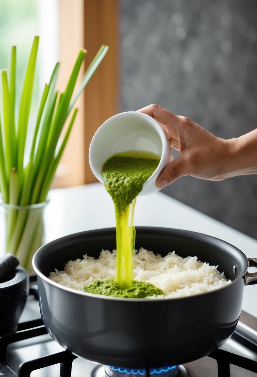 A hand pouring lemongrass paste into a pot of rice on a stovetop, with lemongrass stalks and a mortar and pestle nearby