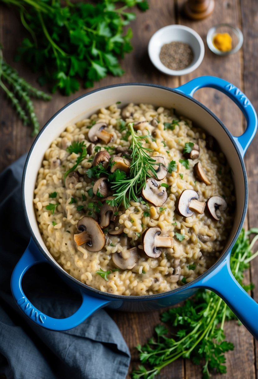 A bubbling pot of creamy mushroom risotto with lentils, surrounded by fresh herbs and spices on a rustic wooden table