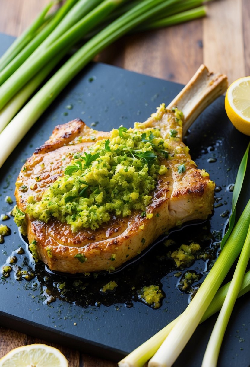 A sizzling pork chop coated in lemongrass paste, surrounded by fresh lemongrass stalks and other ingredients on a cutting board