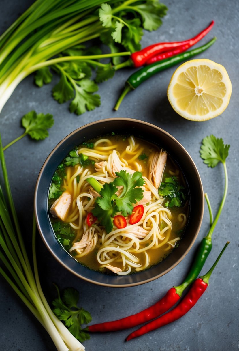 A steaming bowl of Lemongrass Chicken Noodle Soup surrounded by fresh lemongrass, cilantro, and chili peppers