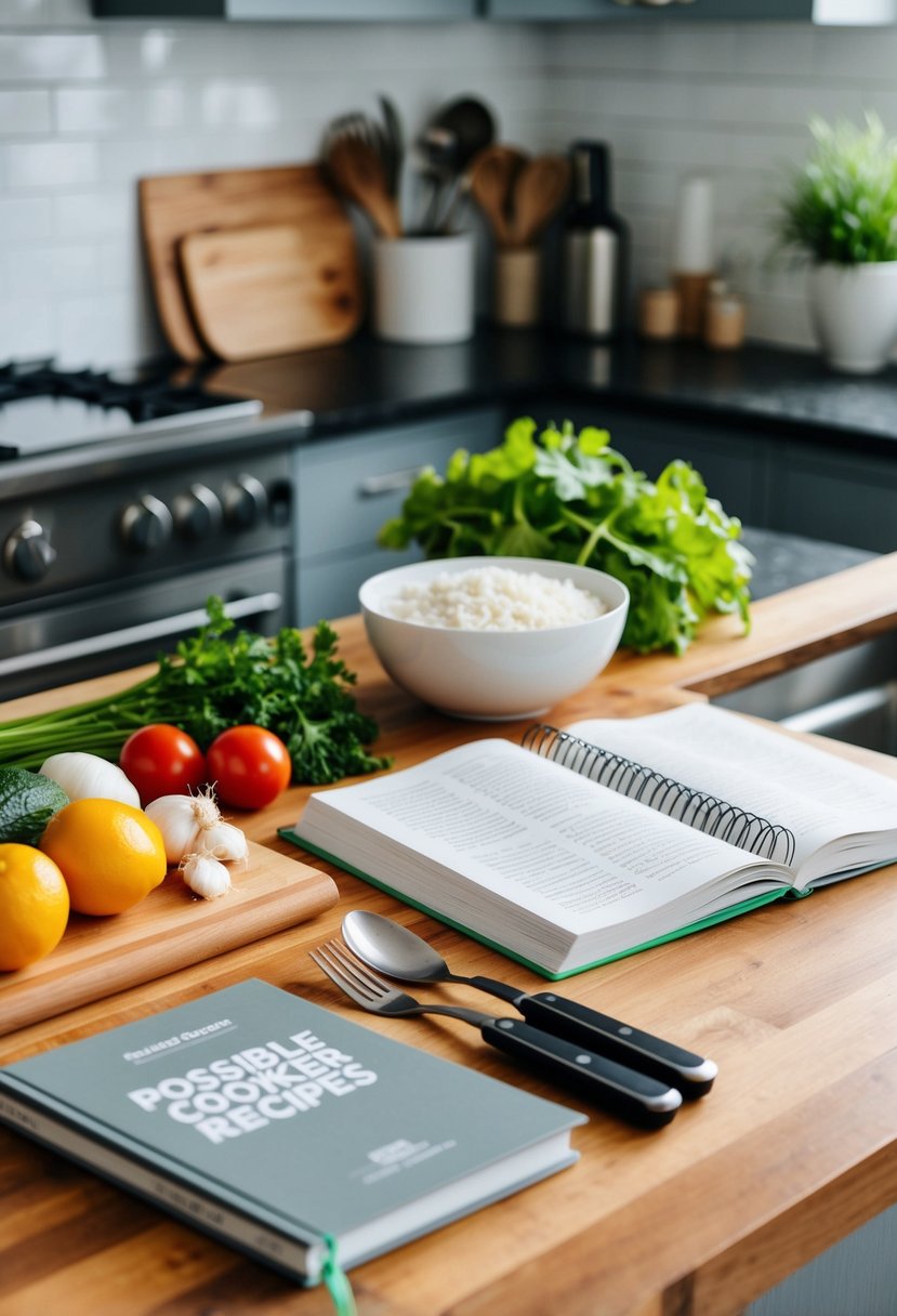 A kitchen counter with fresh ingredients, a cookbook, and cooking utensils laid out, ready to prepare "possible cooker pro recipes."