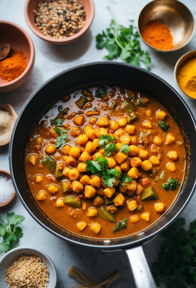 A simmering pot of spicy chickpea curry with various ingredients and spices surrounding it on a kitchen counter