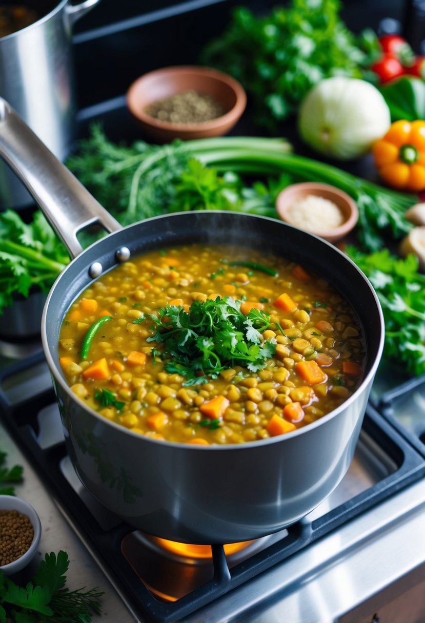 A bubbling pot of vegan lentil soup simmers on a stovetop, surrounded by fresh vegetables, herbs, and spices