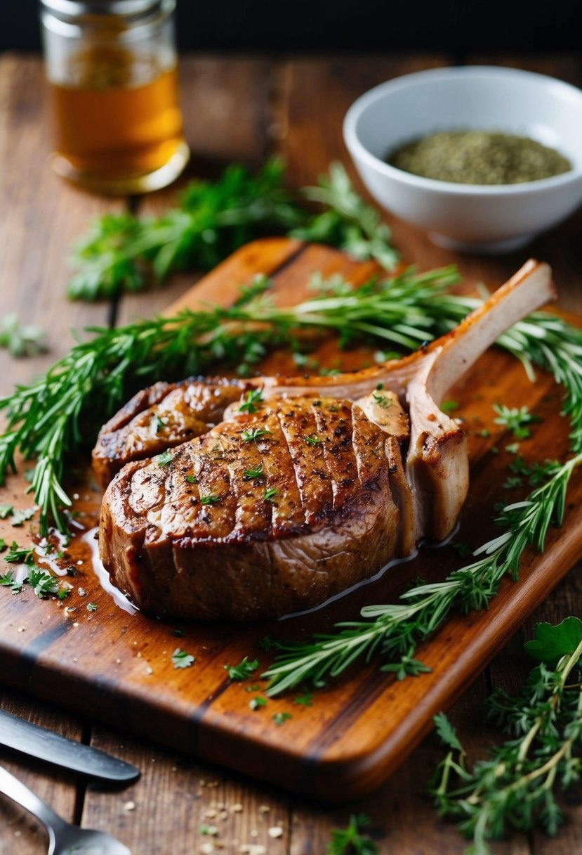 A sizzling venison loin steak on a rustic wooden cutting board, surrounded by fresh herbs and spices