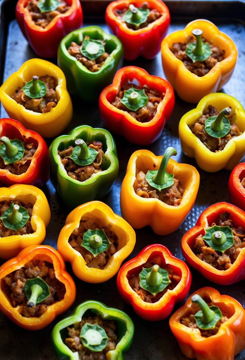 A colorful array of bell peppers, halved and filled with a savory mixture, arranged on a baking sheet ready to be cooked