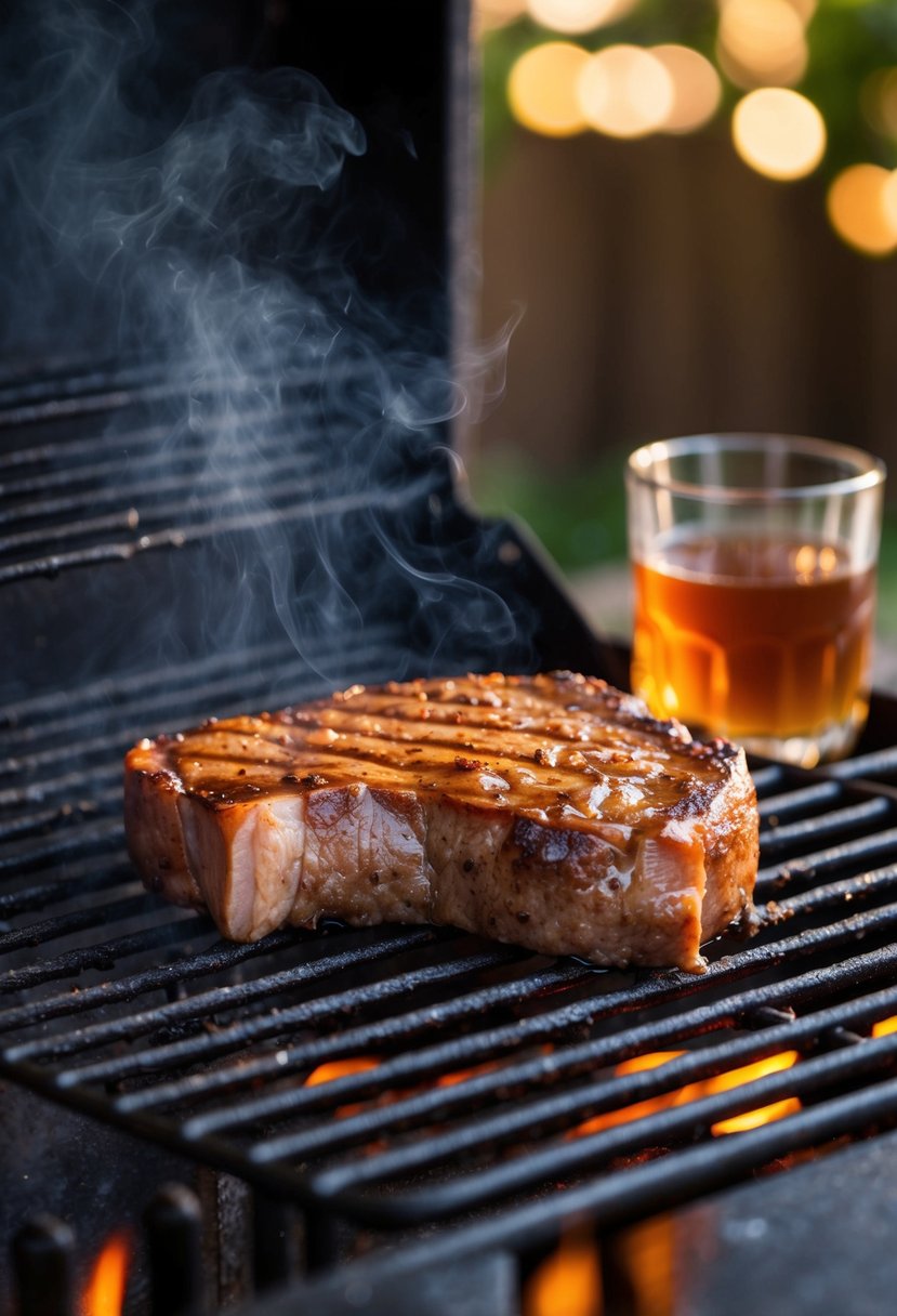 A venison loin steak sizzling on a hot grill, coated in a rich maple bourbon glaze, with the aroma of caramelized sweetness filling the air