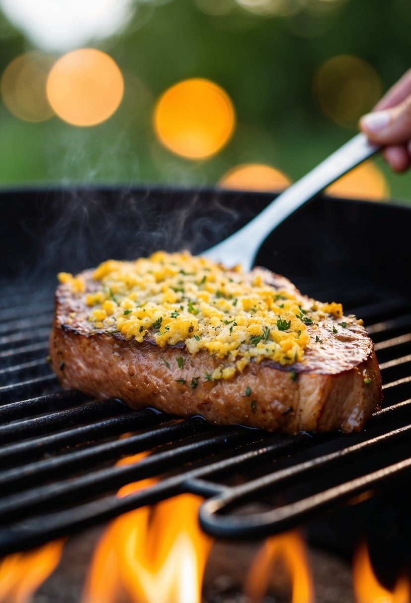 A venison loin steak coated in a golden garlic herb crust, sizzling on a hot grill