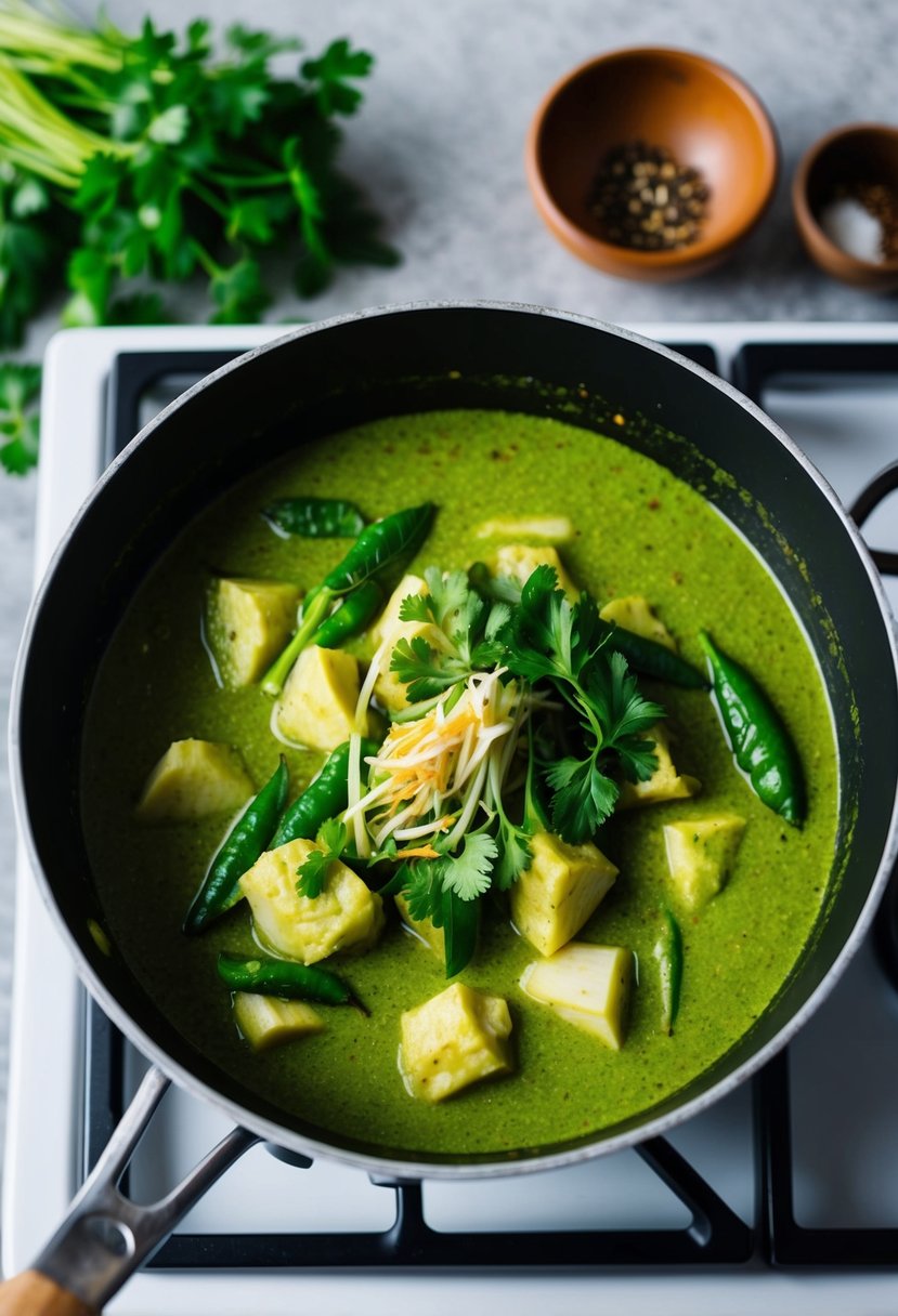 A simmering pot of Thai green curry with fresh ingredients and aromatic herbs on a stovetop