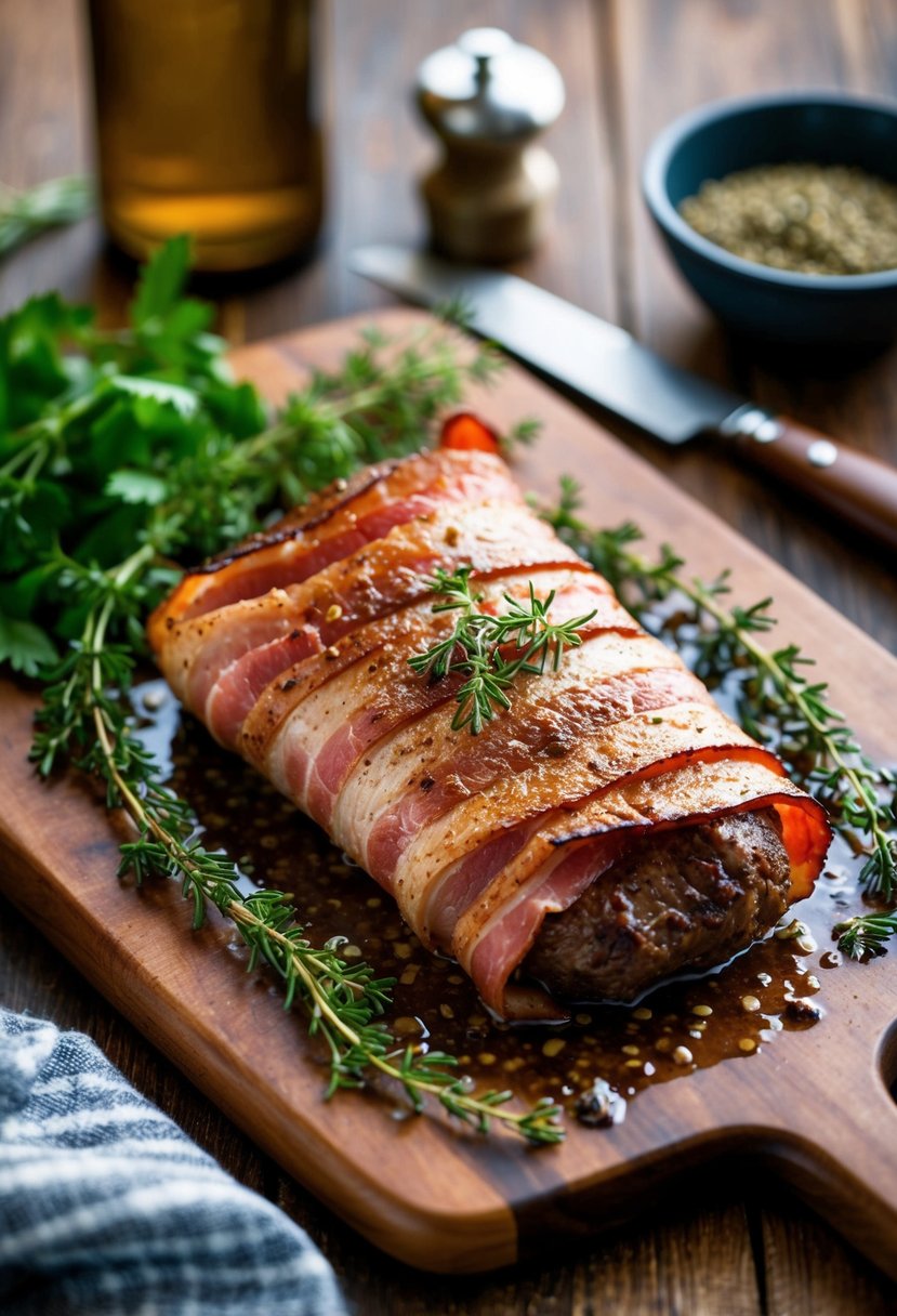 A sizzling bacon-wrapped venison filet on a rustic wooden cutting board, surrounded by fresh herbs and spices