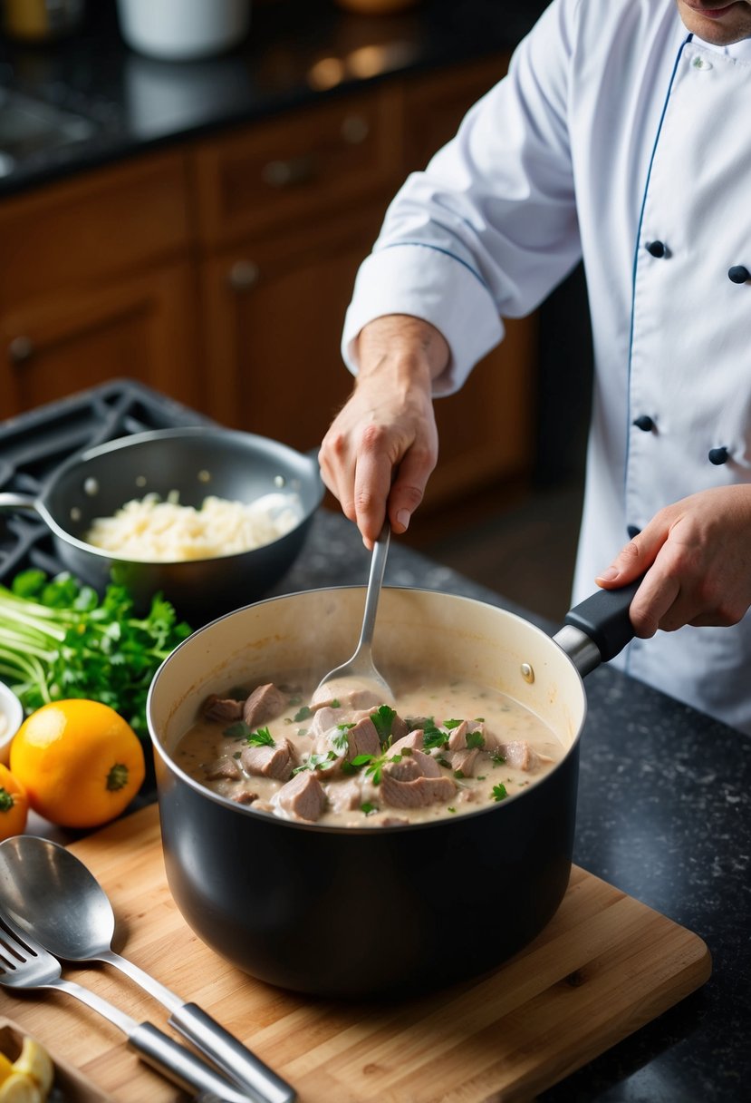 A chef stirring a pot of creamy Beef Stroganoff, surrounded by fresh ingredients and cooking utensils on a wooden countertop