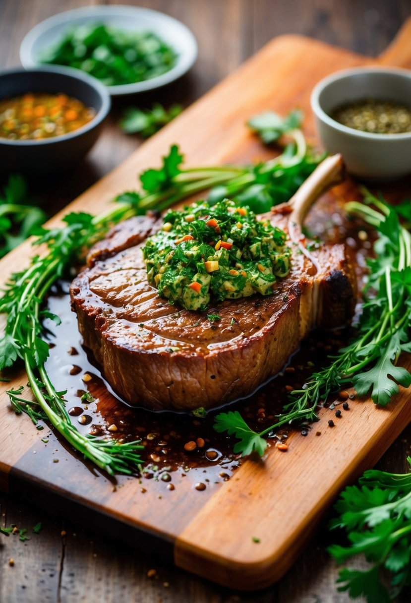 A sizzling venison steak topped with vibrant green chimichurri, surrounded by fresh herbs and spices on a rustic wooden cutting board