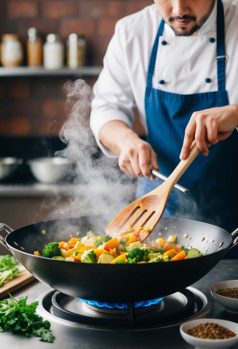 Fresh vegetables sizzling in a hot wok, steam rising, as a chef tosses them with a wooden spatula. Aromatic herbs and spices are scattered nearby