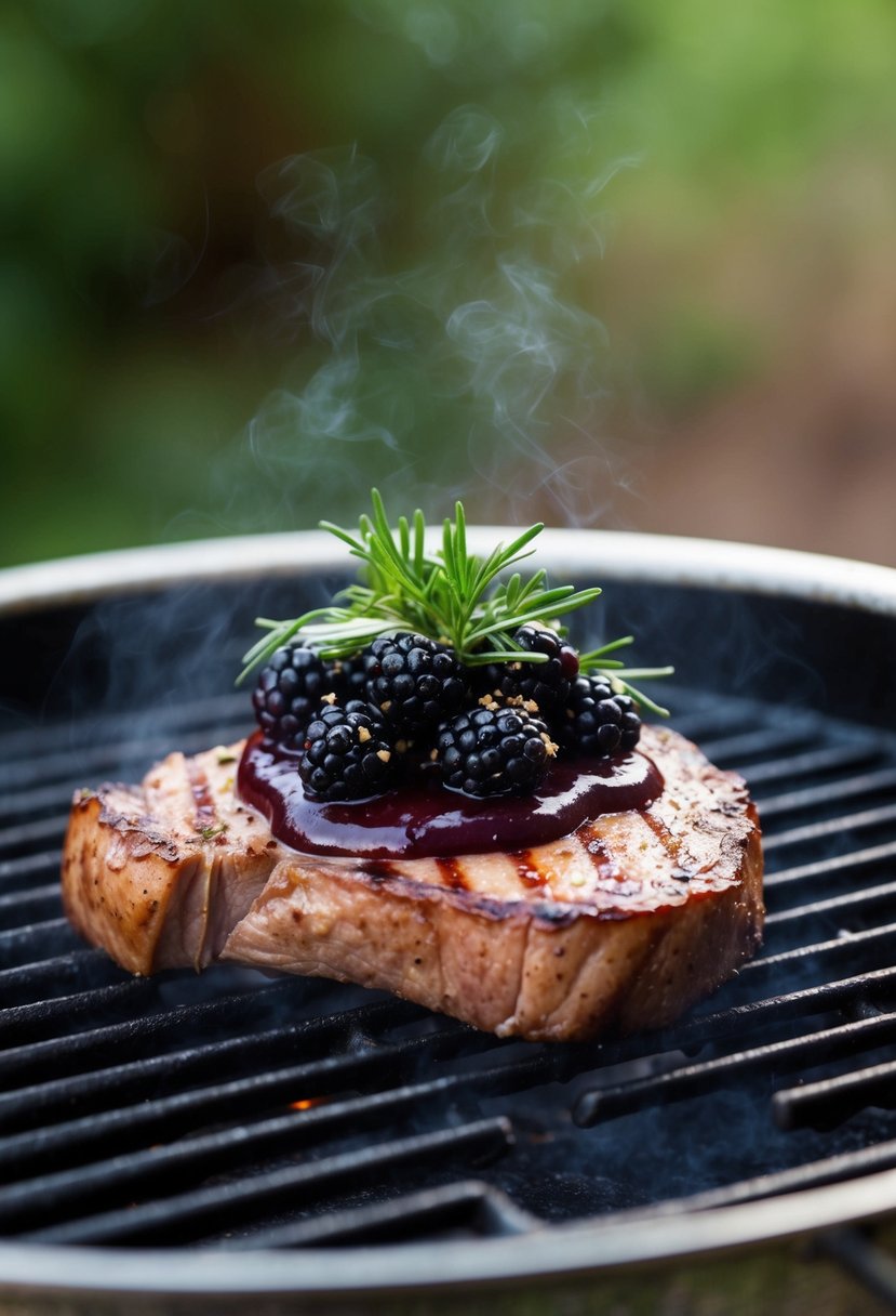 A venison steak sizzling on a hot grill, topped with a rich blackberry sauce and garnished with fresh herbs and cracked black pepper