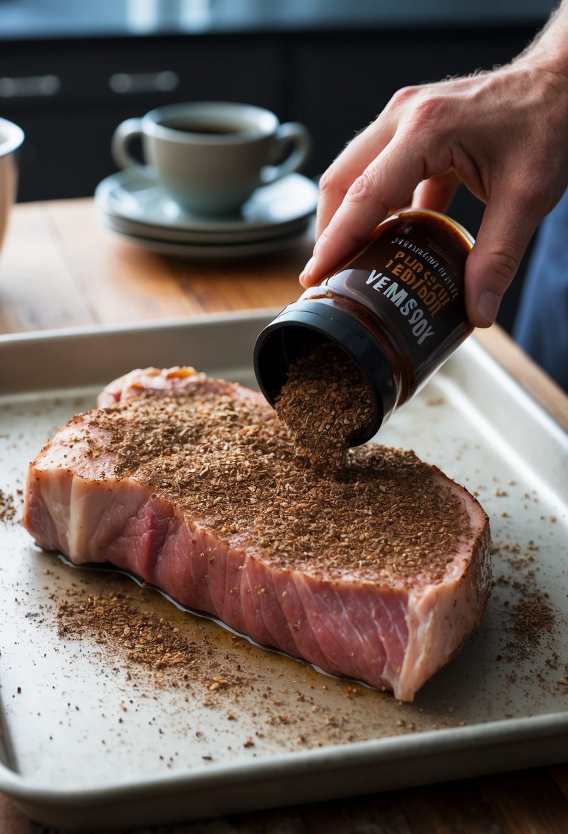 A venison tenderloin being rubbed with a coffee-infused seasoning blend, ready to be cooked