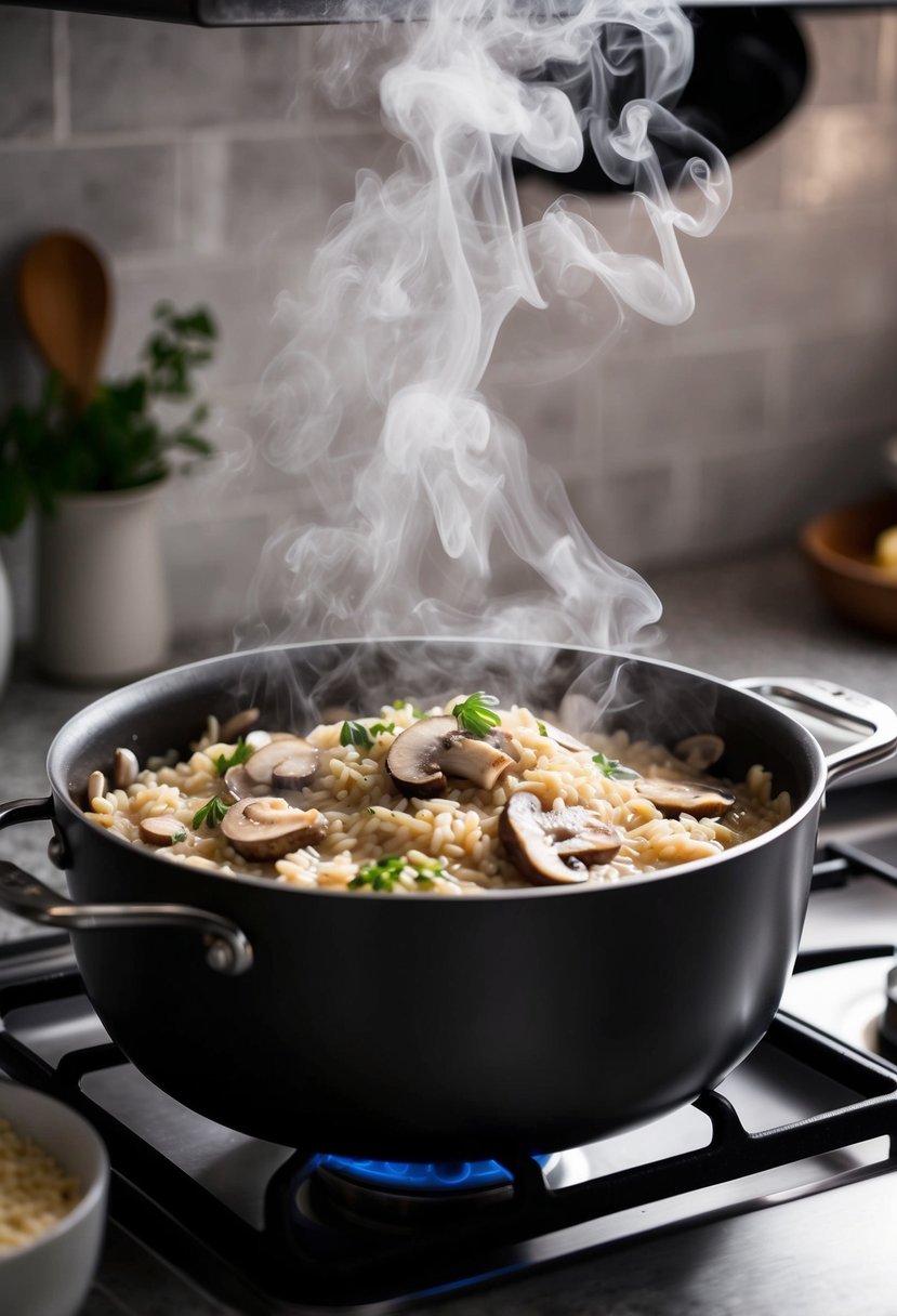 A pot of creamy mushroom risotto simmers on a stovetop, steam rising and the rich aroma filling the kitchen. Mushroom slices and Arborio rice are visible in the dish