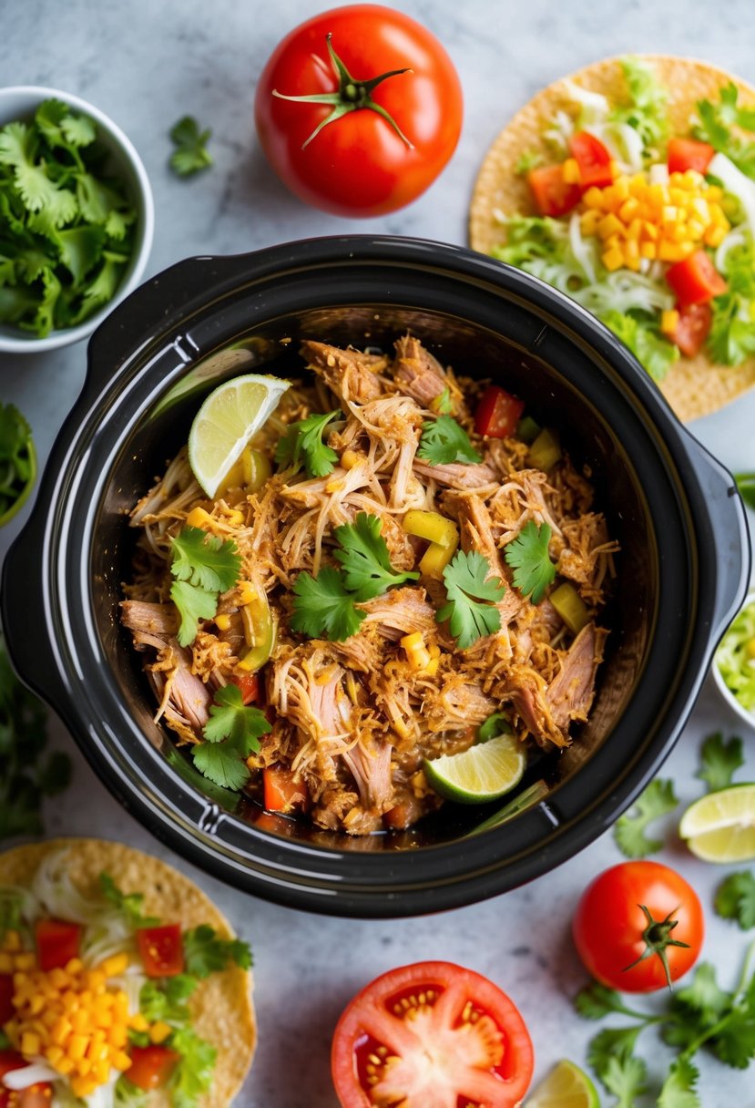 A slow cooker filled with tender pulled pork, surrounded by vibrant taco ingredients like fresh cilantro, diced tomatoes, and shredded lettuce