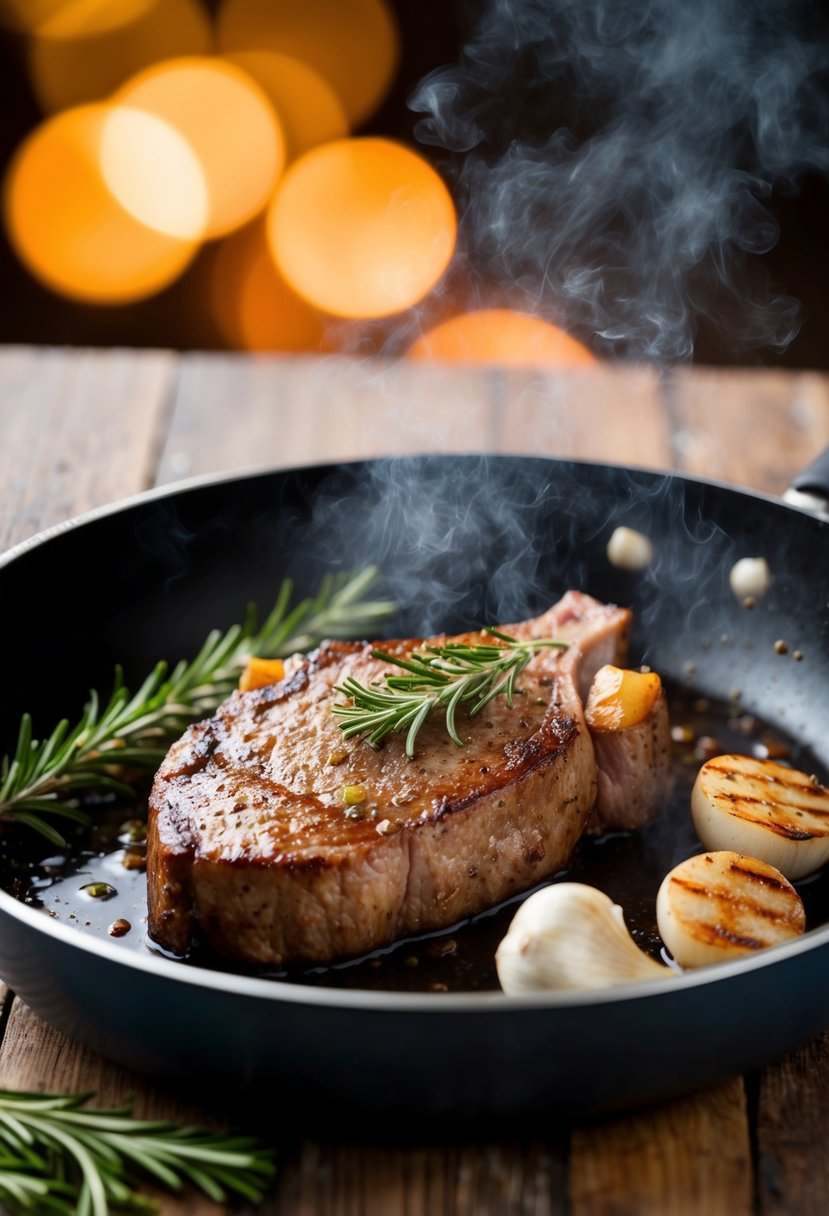 A sizzling venison loin steak searing in a pan with rosemary and garlic, emitting a savory aroma