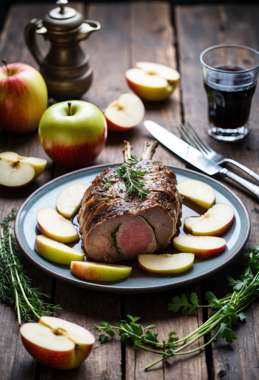 A rustic wooden table set with a platter of stuffed venison loin surrounded by sliced apples and fresh herbs