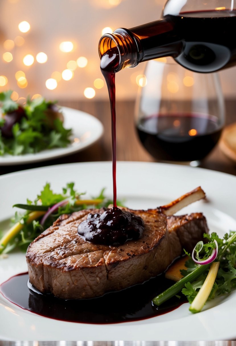 A sizzling venison loin steak drizzled with rich red wine reduction, plated with elegant garnishes