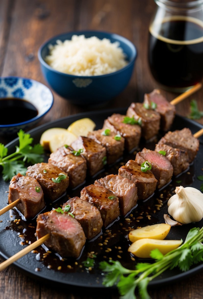 A wooden skewer holds marinated venison loin steak, surrounded by Asian-inspired ingredients like soy sauce, ginger, and garlic