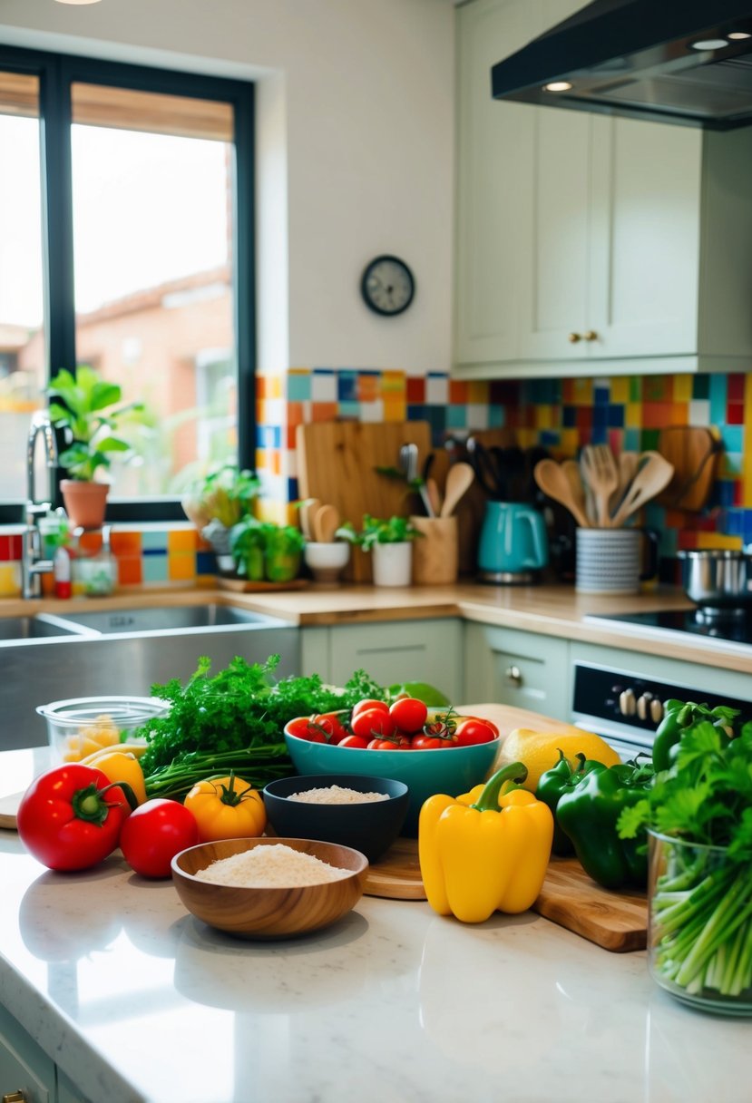 A colorful kitchen counter with fresh ingredients and cooking utensils for Gabriela Camara recipes