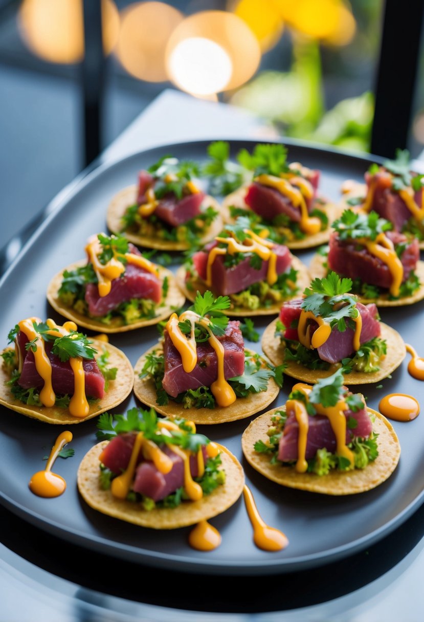 A colorful array of tuna tostadas arranged on a sleek, modern platter, garnished with vibrant herbs and a drizzle of sauce