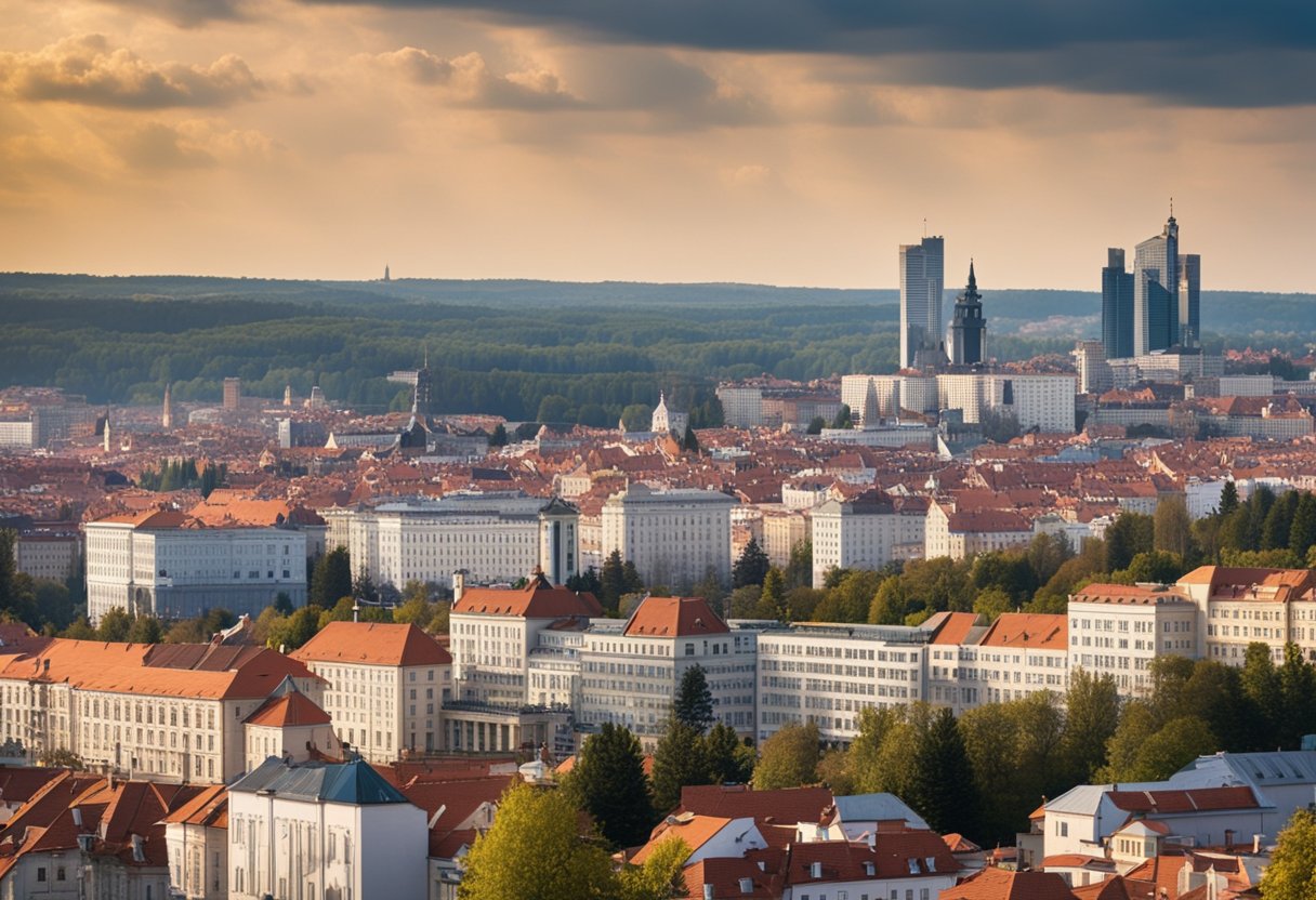 Vilniaus miesto panorama su kylantį nekilnojamojo turto kainų rodymu per didėjančius stulpelius ir ryškų „Parduodama“ ženklą priekyje