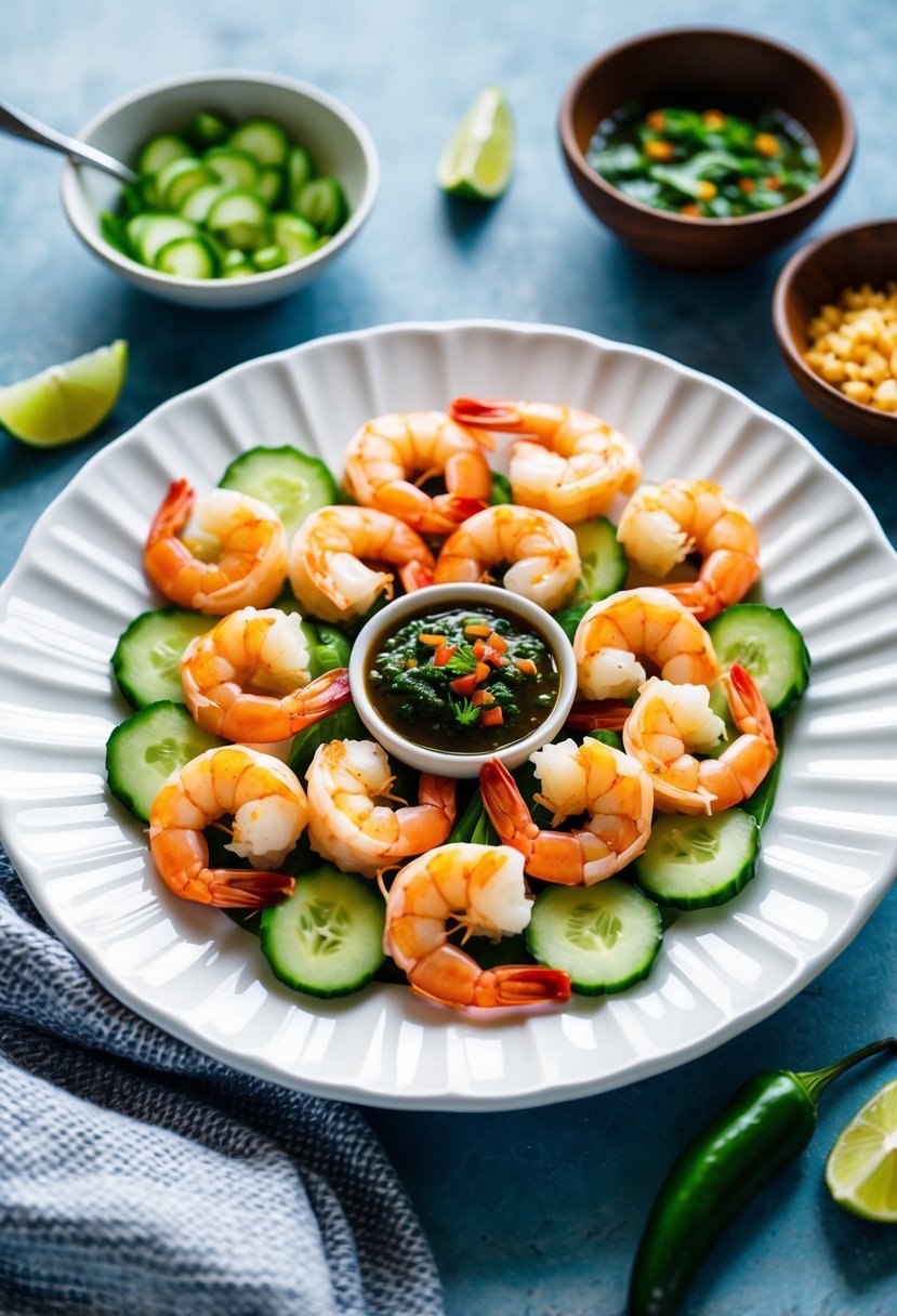 A vibrant spread of fresh shrimp, sliced cucumber, and spicy green chili sauce on a white ceramic plate