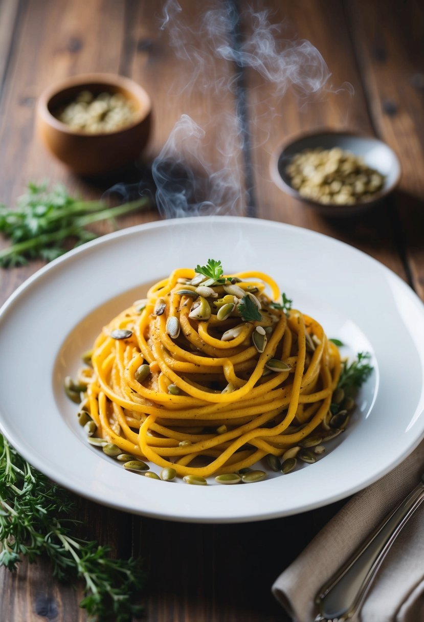 A steaming plate of pasta with pumpkin seed sauce, garnished with fresh herbs and toasted seeds